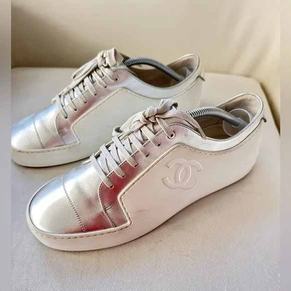 Authentic Chanel CC Sneakers White And Metallic Grey Shoes EuSize 42 US 9